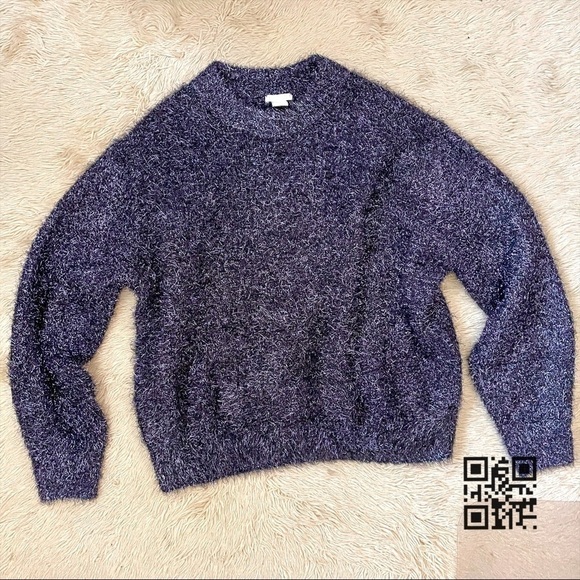H&M Fuzzy Eyelash Textured Metallic Tinsel Oversized Crew Neck Sweater - S/M - Picture 2 of 10
